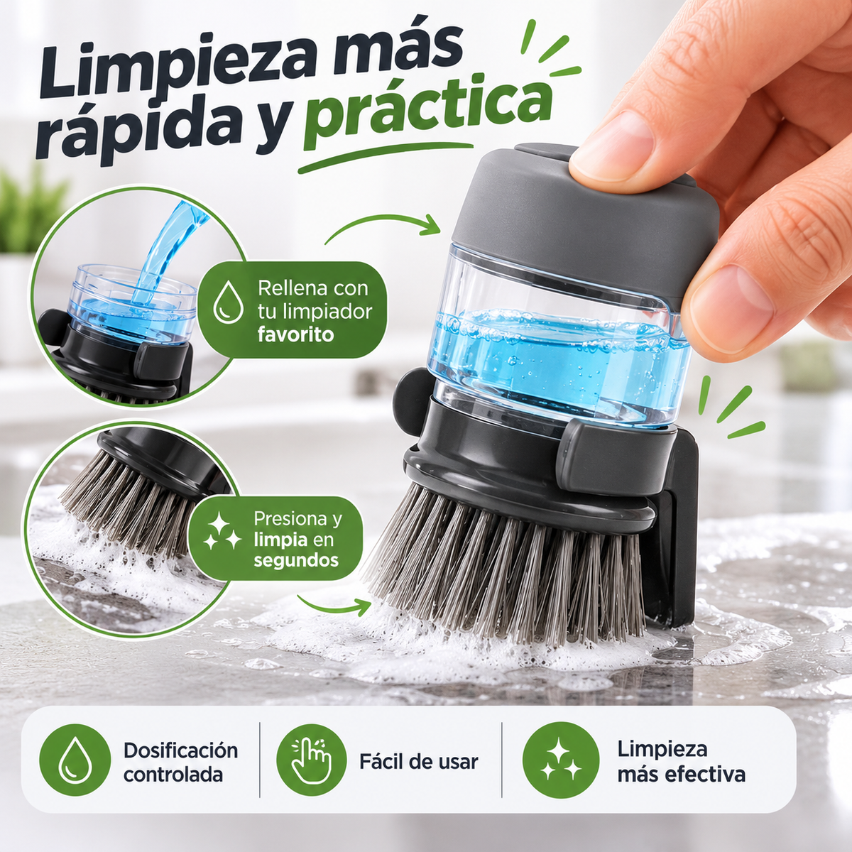Cepillo con dispensador de jabón.